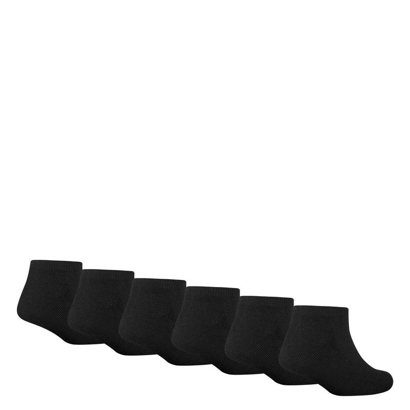 Black no-show socks, 6-pack set lined up side view with white swoosh logos