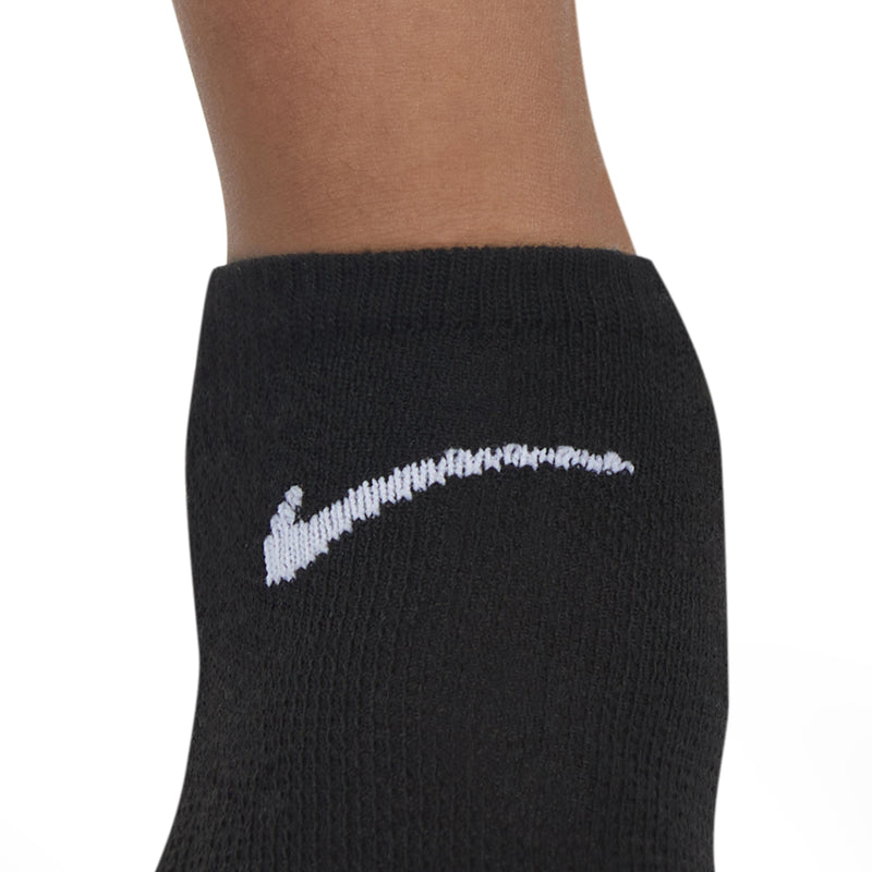 Black no-show sock close-up with white swoosh logo and ribbed knit cuff