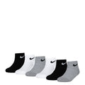 Six-pack quarter crew socks in black, white, and gray with small Swoosh logos