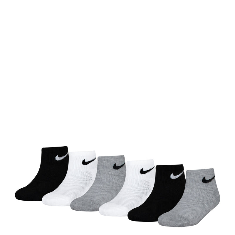 Six-pack quarter crew socks in black, white, and gray with small Swoosh logos