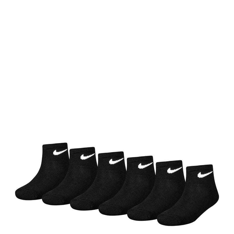 6-pack X-small quarter crew socks, black with white Nike swooshes
