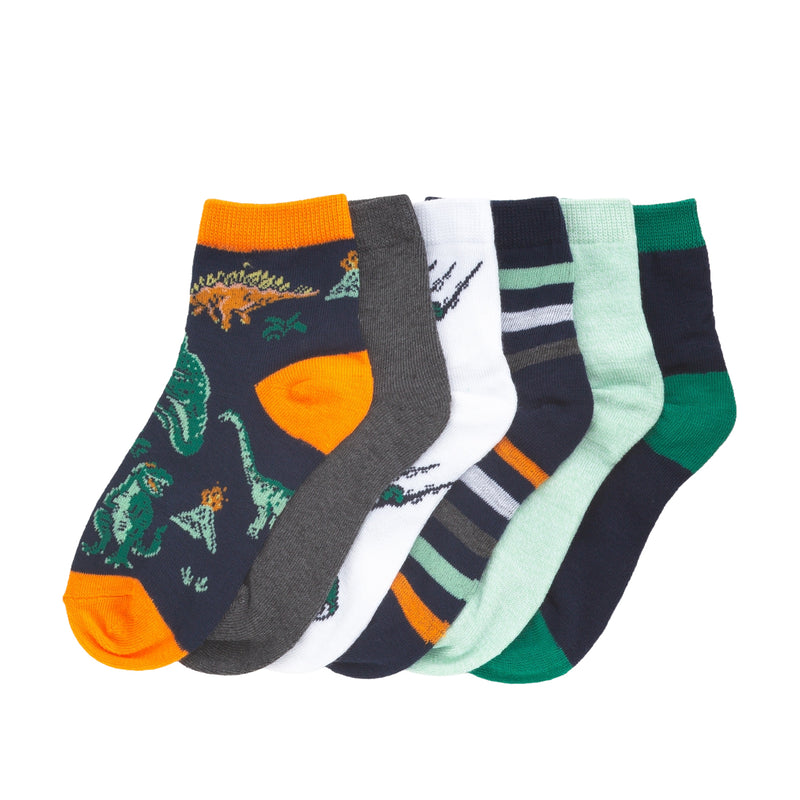 6-pack x-small quarter socks with dinosaur, stripes, and solid color accents