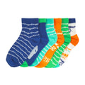 6-pack x-small quarter socks with dino bones pattern in blue, teal, green, orange