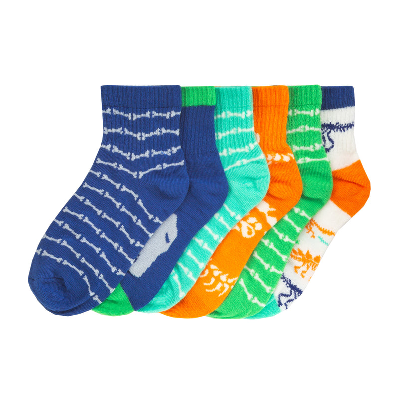 6-pack x-small quarter socks with dino bones pattern in blue, teal, green, orange