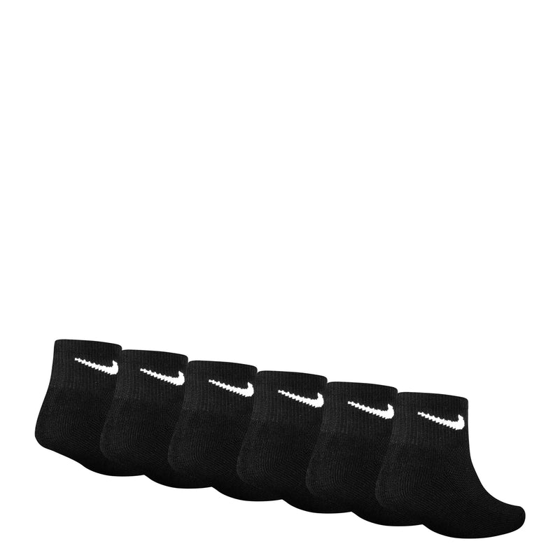 6-pack X-small quarter crew socks, black with white Nike swooshes, set of six