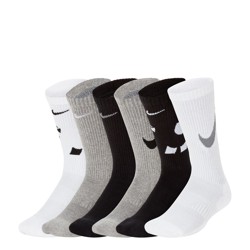 6-pack youth crew socks in white, gray, and black with small swoosh graphics