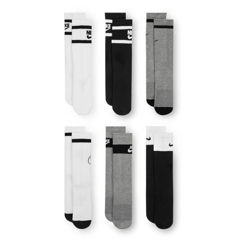 6-pack youth crew socks assortment: white, black, and gray with NIKE logos