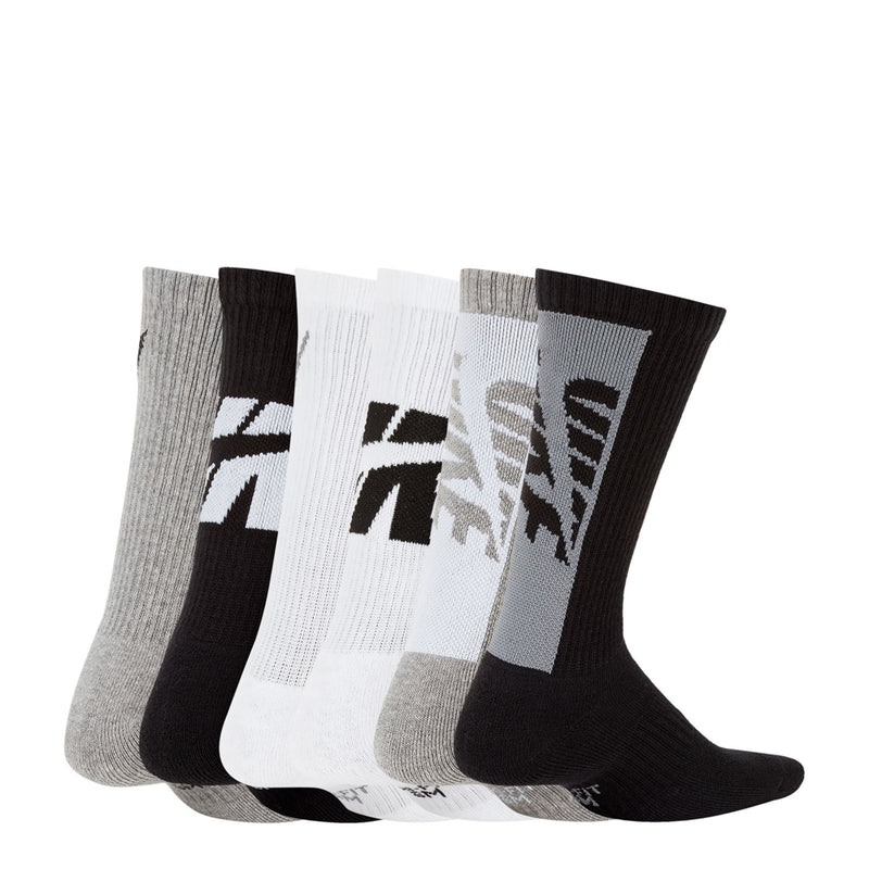 6-pack youth crew socks with bold black and gray patterns and a white pair