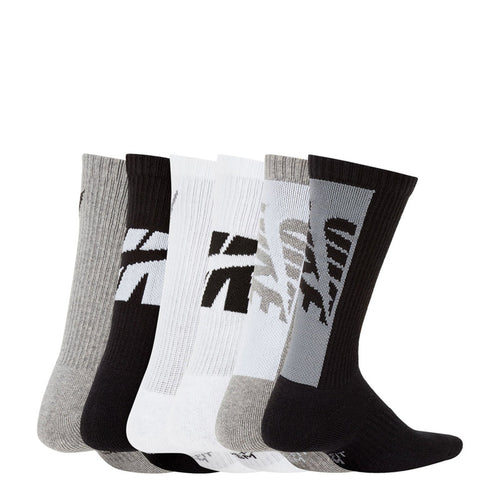 6-pack youth crew socks with bold black and gray patterns and a white pair