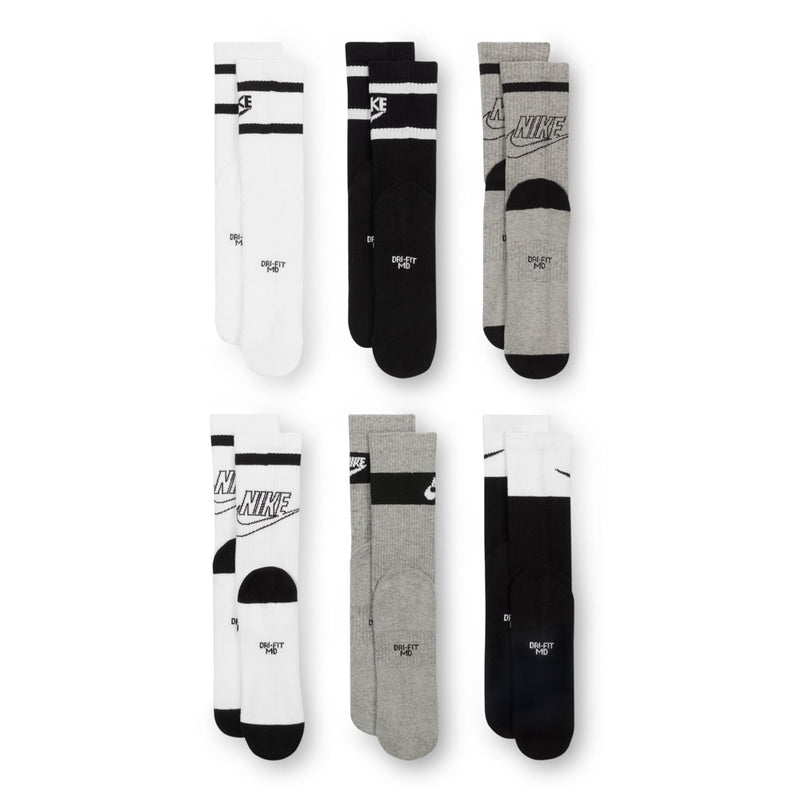 6-pack youth crew socks assortment: white, black, and heather gray with NIKE