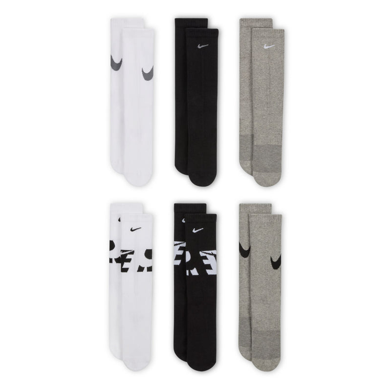 6-pack youth crew socks in white, black, and gray with swoosh logos on cuffs