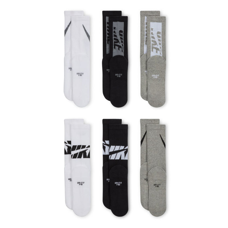 6-pack youth crew socks with swoosh and geometric print in white, black, and gray