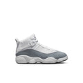 Kids' high-top sneaker in white and cool grey, lace-up with padded collar and chunky sole