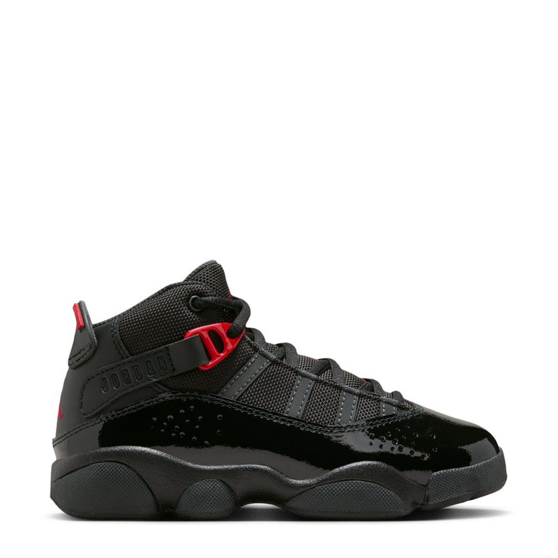 Kids black high-top sneakers with red accents, hook-and-loop strap, lace-up closure