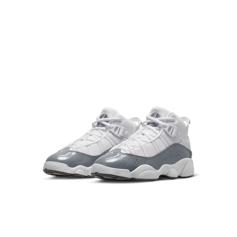 Kids' white and cool grey high-top sneaker, side view with laces and bold sculpted midsole