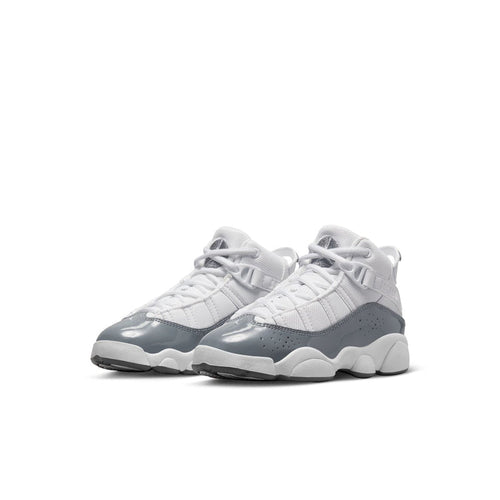 Kids' white and cool grey high-top sneaker, side view with laces and bold sculpted midsole