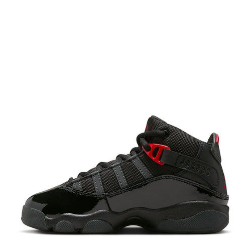Kids black high-top sneakers with red trim and chunky rubber outsole, lace-up design