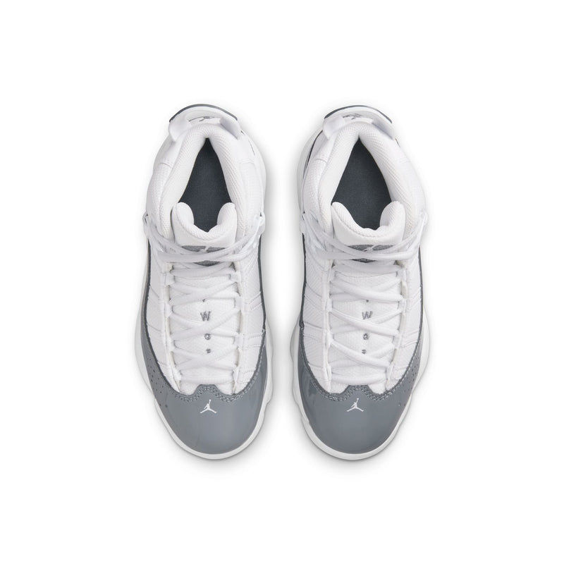 Kids' pair of white and cool grey high-top sneakers, top view with lace-up closure