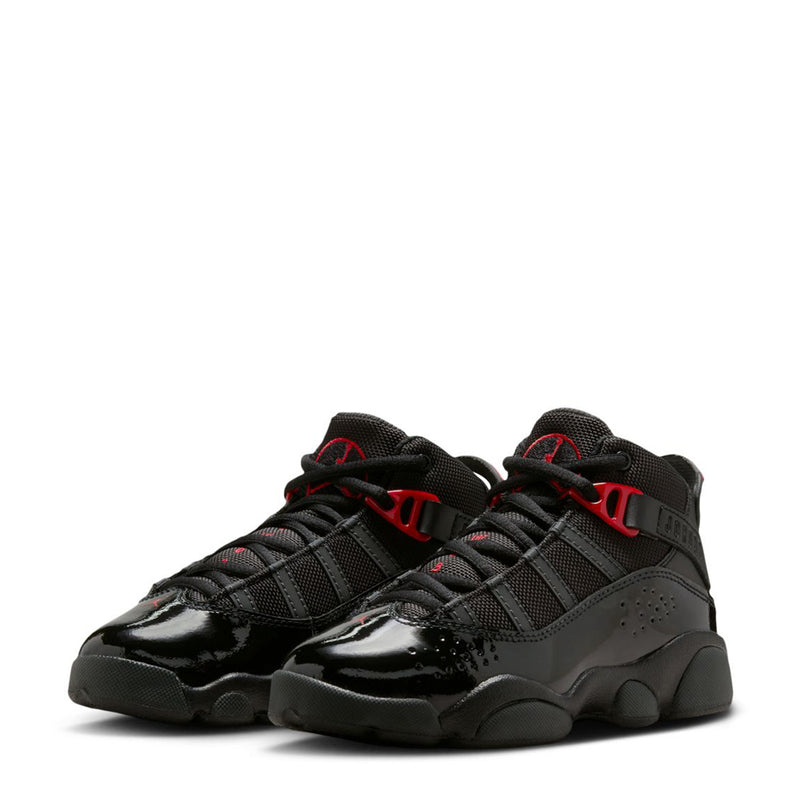 Kids black high-top sneakers with red laces and glossy overlays, pair view