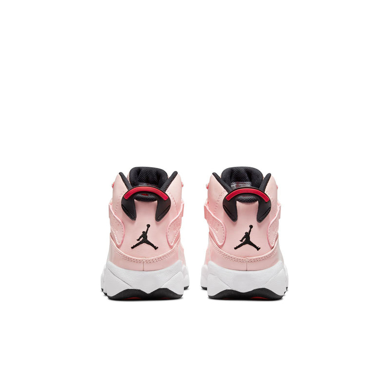 Kids high-top sneakers rear view, pink leather with black heel panels and white sole