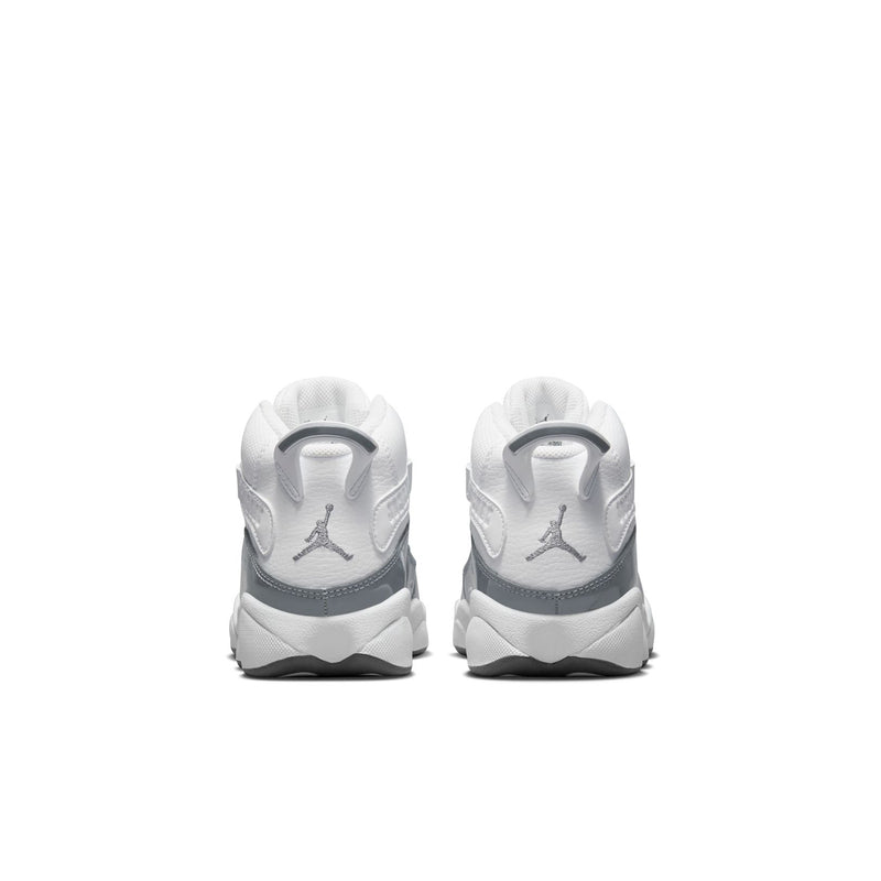 Kids' white and cool grey high-top sneakers, heel view with Jumpman logo details