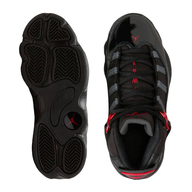 Kids black high-top sneaker soles and toe view, red logo accents