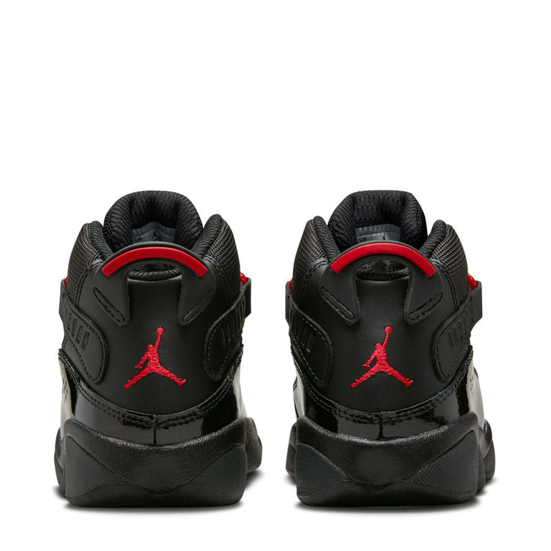 Kids black high-top sneakers with red Jumpman logo and heel pull tab