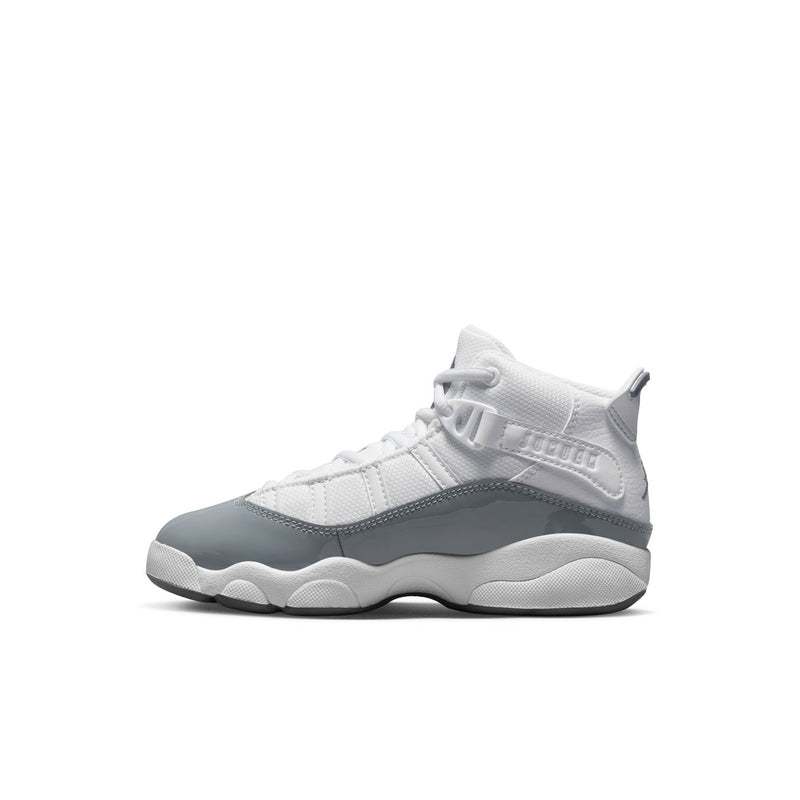 Kids' white and cool grey high-top sneaker, quarter side view with lace-up and strap