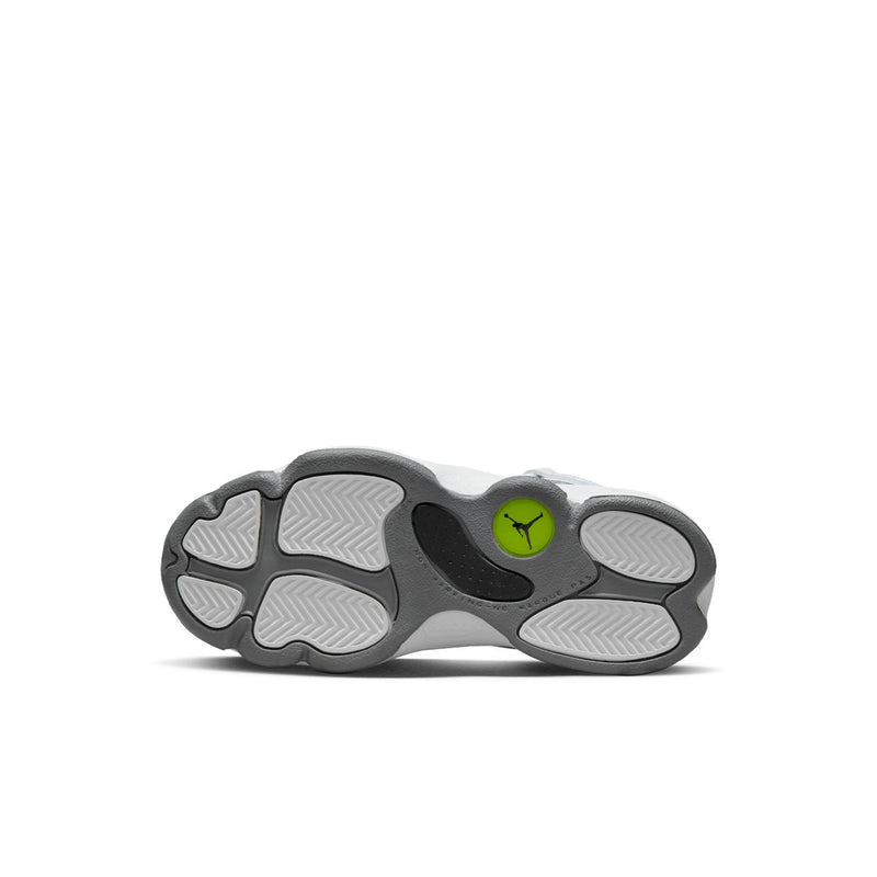 Kids' sneaker outsole, dark tread with light gray rubber and green Jumpman logo