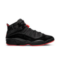 Men's black high-top sneakers with red accents and Air Jordan-style logo