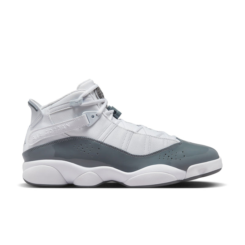 Men's high-top sneakers, white upper with cool grey side panels, lace-up design