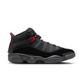 Men's high-top basketball shoes in black with blue panels and red accents
