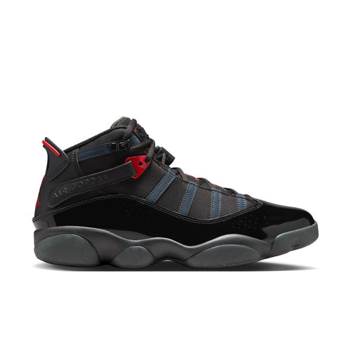 Men's high-top basketball shoes in black with blue panels and red accents