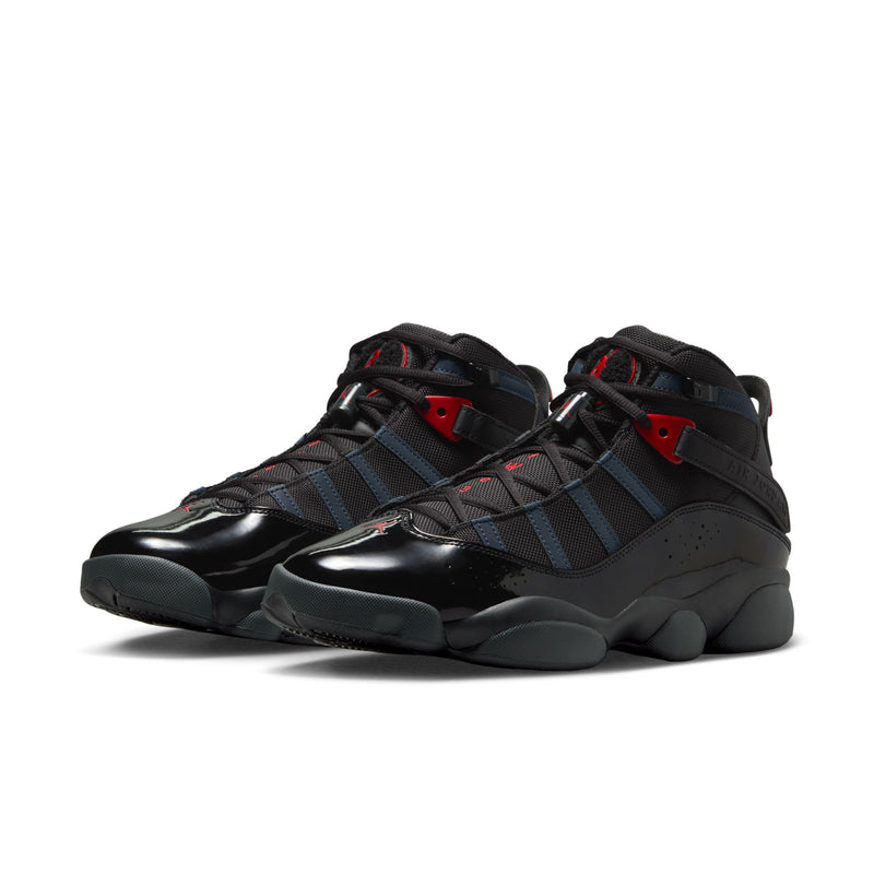 Men's high-top basketball shoes, black with dark blue straps and red detailing