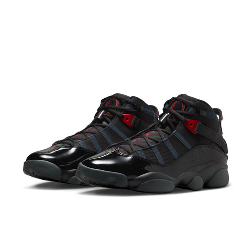 Men's high-top basketball shoes, black with dark blue straps and red detailing