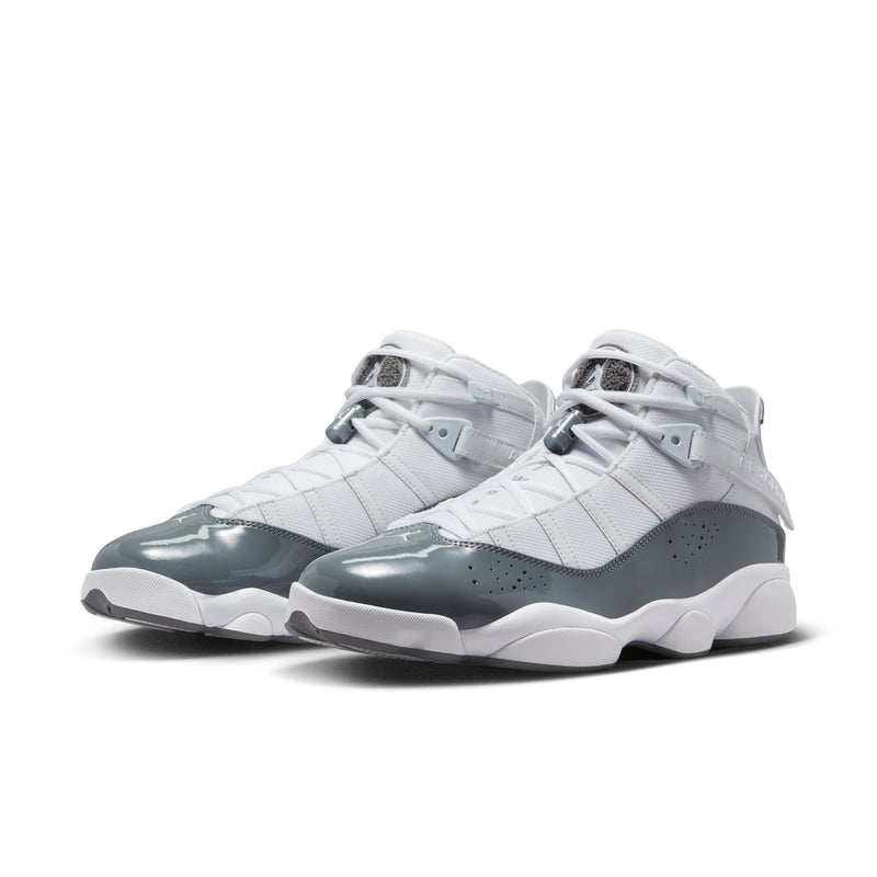 Men's high-top sneakers pair, white uppers with cool grey accents and lace closures