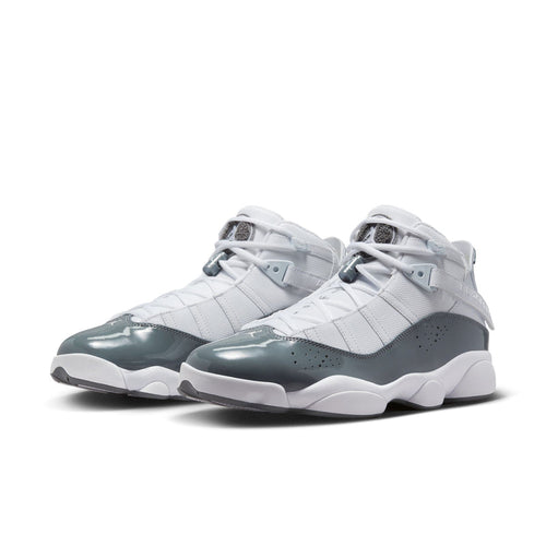 Men's high-top sneakers pair, white uppers with cool grey accents and lace closures
