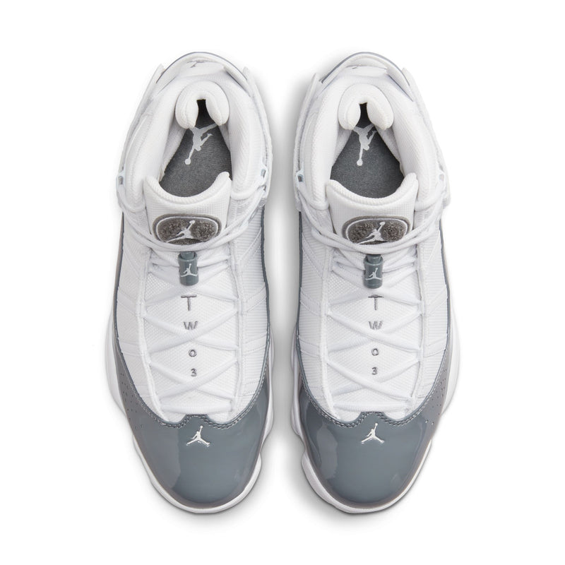 Men's sneakers top view of tongues, white uppers with cool grey heel and Jordan logo
