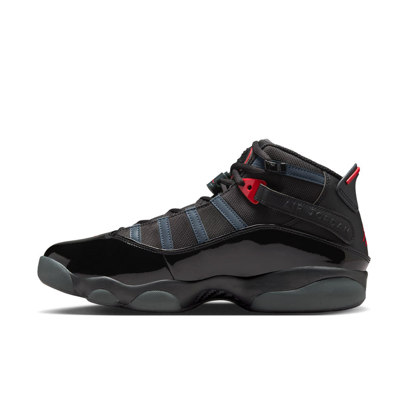Men's high-top basketball shoes side profile in black with blue stripes and red tab
