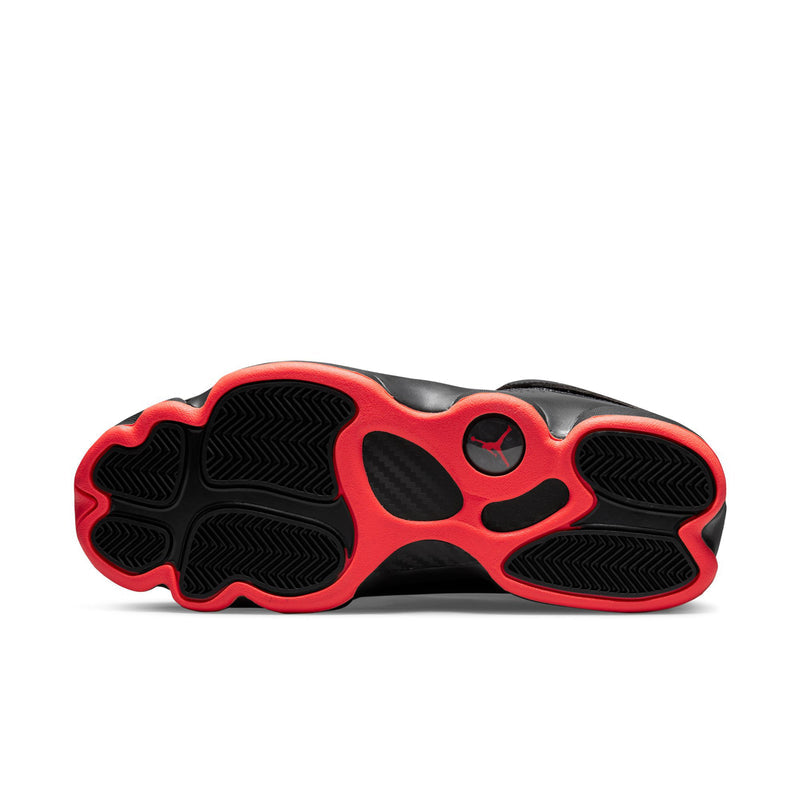 Men's black high-top sneaker outsole with red traction pattern