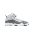 Youth high-top sneakers in white and cool grey, lace-up, cushioned sole.