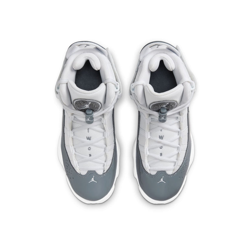 Youth sneakers, white laces and tongues with cool grey collar and heel logos.