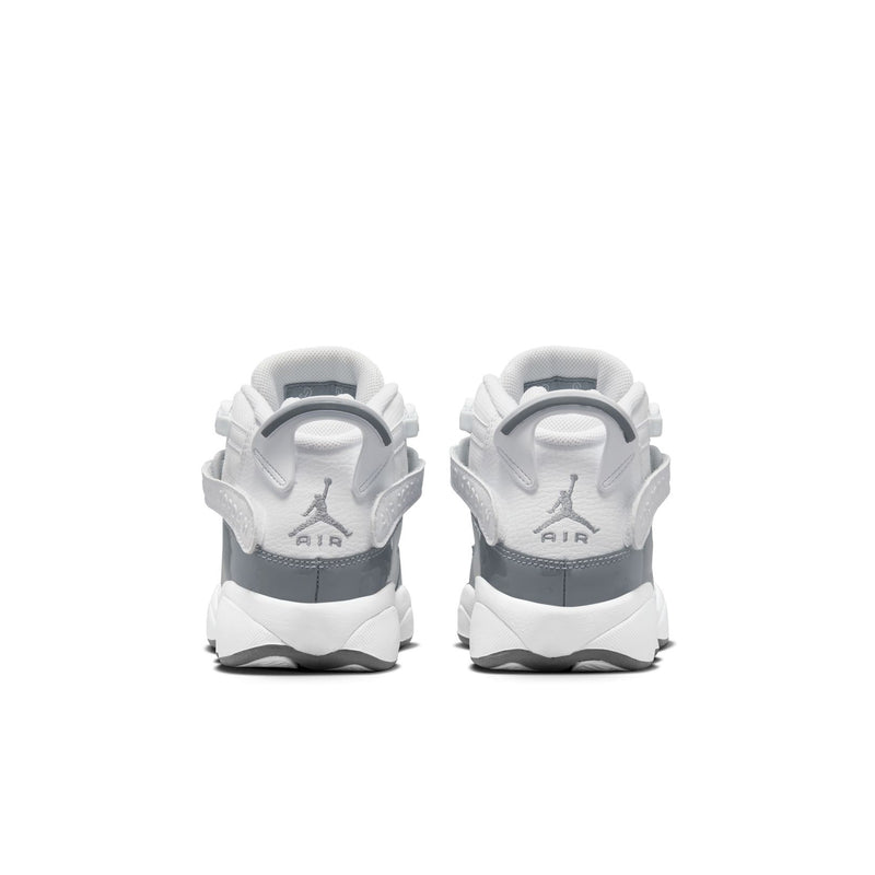 Youth high-top sneakers, white heel with cool grey back panel and pull tab.