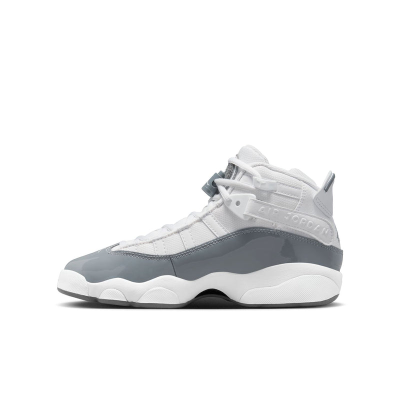 Youth high-top sneakers, white and cool grey with hook-and-loop strap detail.