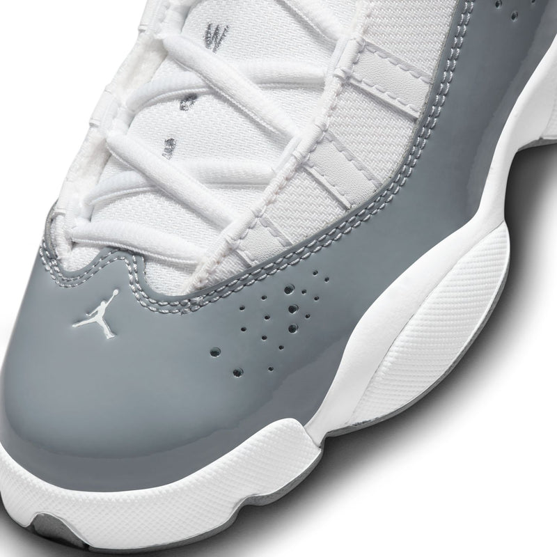 Youth sneaker toe, white laces and cool grey overlays with perforations.