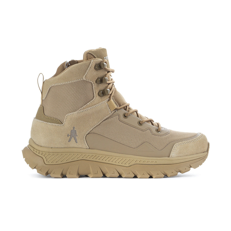 Men's tan high-top lace-up boots with padded collar and rugged tread sole