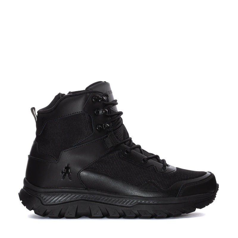 Men's black mid-top boot with lace-up closure and padded ankle collar