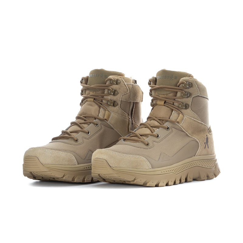 Pair of men's tan high-top lace-up boots, side view, with thick lug sole