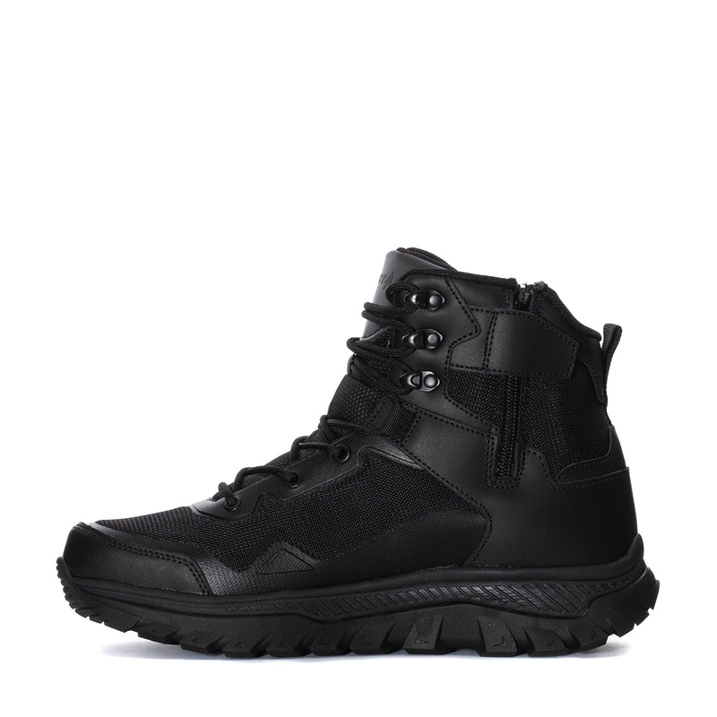 Men's black mid-top lace-up boot with textured treaded rubber outsole