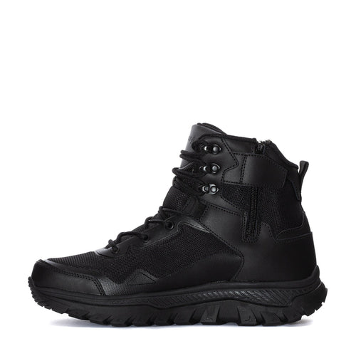 Men's black mid-top lace-up boot with textured treaded rubber outsole